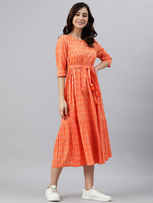 Orange Cotton Woven Design Tiered Western Dress